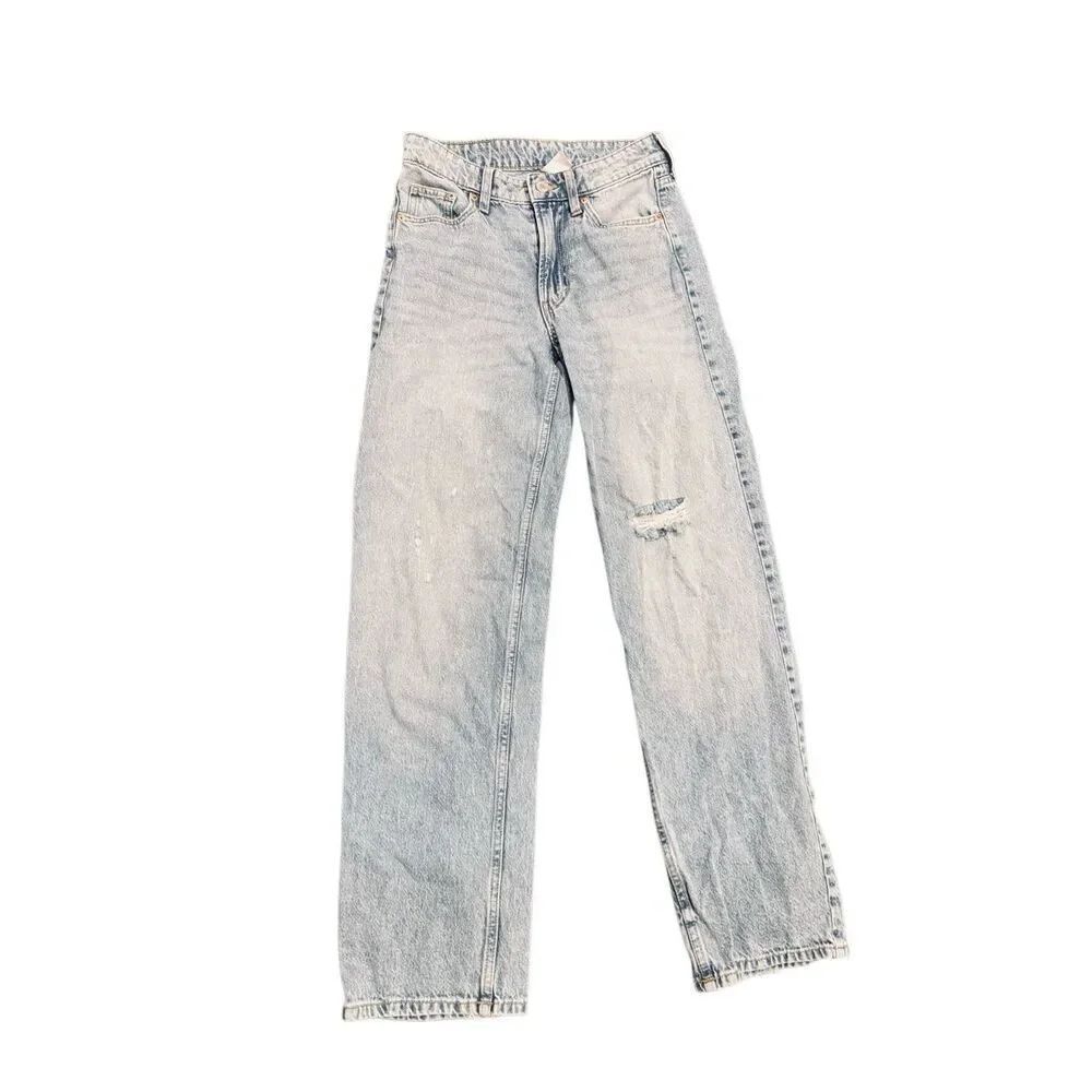 &Denim Baggy Low Waist Jeans Size 0 Light Wash Straight Leg Y2K Distressed